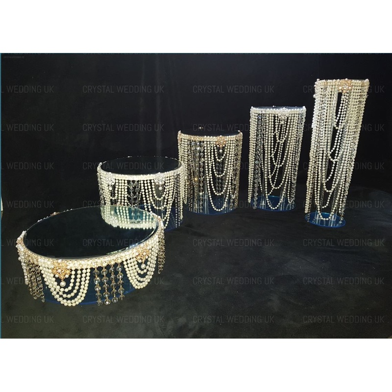 Cascading pearl and Crystal cake stands cascading style ,   1 to 5 tiers – Premium glass crystal faux pearls