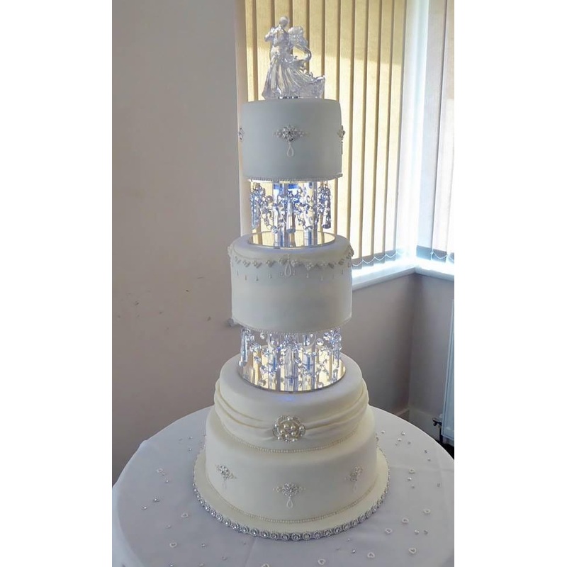 Crystal Chandelier LED Wedding Cake Tiers, CAKE Separator Set of 2, 6+ 8cake dividers, glass crystal drapes, round