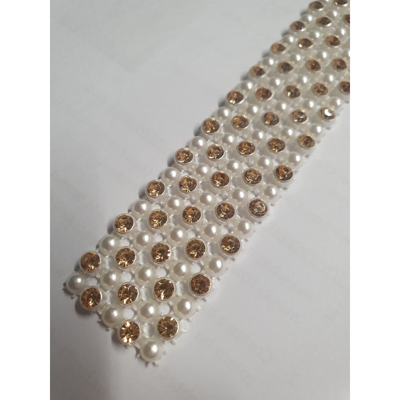 Gold Diamante & white pearl ribbon string style banding ,rhinestone wedding cake decoration 1 yard  – White and Gold