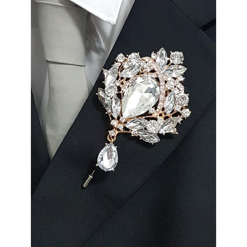Rose gold or gold rhinestone drop Groom Boutonniere. Alternative flower Wedding Buttonhole Pin. Wedding Boutonnire