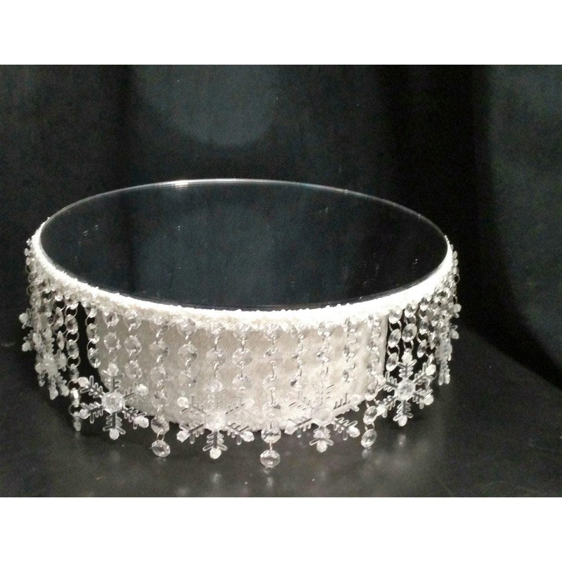 Snowflake Cake Stand, white Sequin cake display for a Winter wedding by Crystal wedding uk
