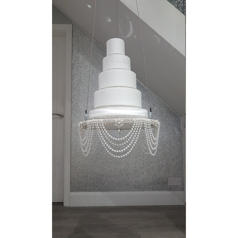Suspended cake swing, hanging cake stand ,Pearl drape and crystal ,heavy duty holds 200lbs by Crystal wedding uk