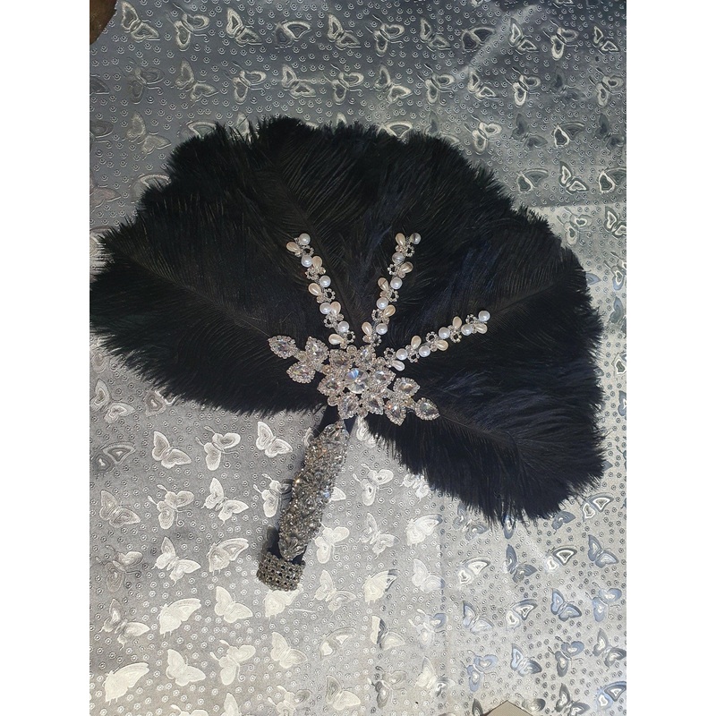 Black Feather Fan wedding bouquet, Ostrich feather crystal hand fan bouquet by Crystal wedding uk