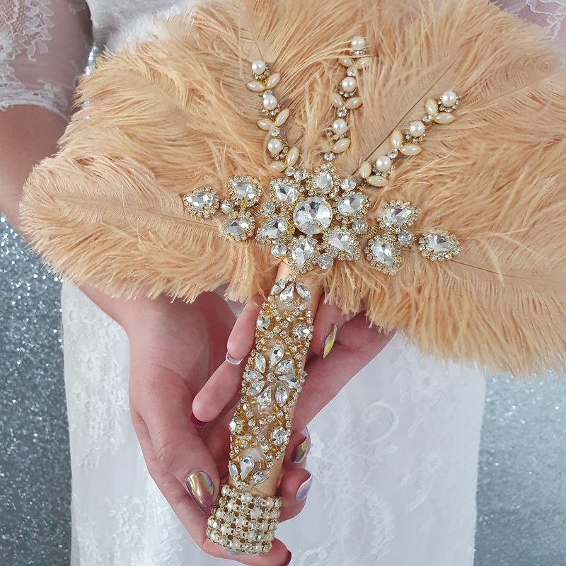 Feather wedding Fan gold Ostrich feather Gatsby fan 1920’s bouquet by Crystal wedding uk