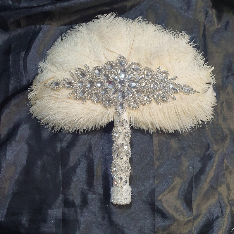 Ivory Feather Fan, Brides wedding bouquet fan style 1920’s event – any colour as custom made by Crystal wedding uk