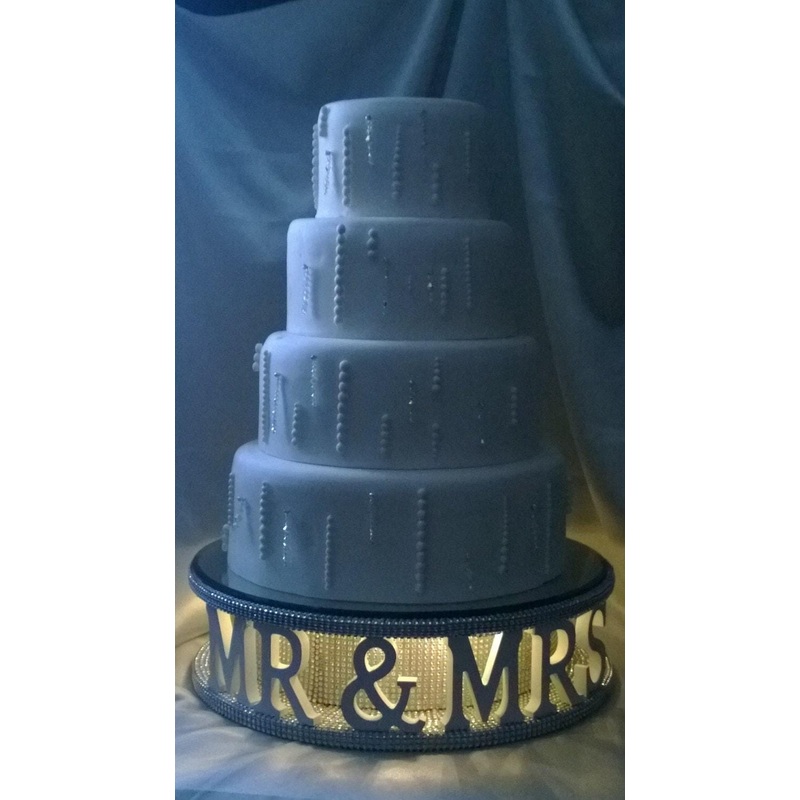 Mr & Mrs + personalised with wedding date- REAL CRYSTAL stones covered wedding cake stand + lights by Crystal wedding uk