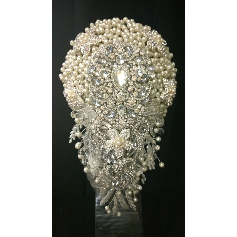 Pearl cascade teardrop  brooch  bouquet Jeweled  art deco gatsby vintage style. by Crystal wedding uk