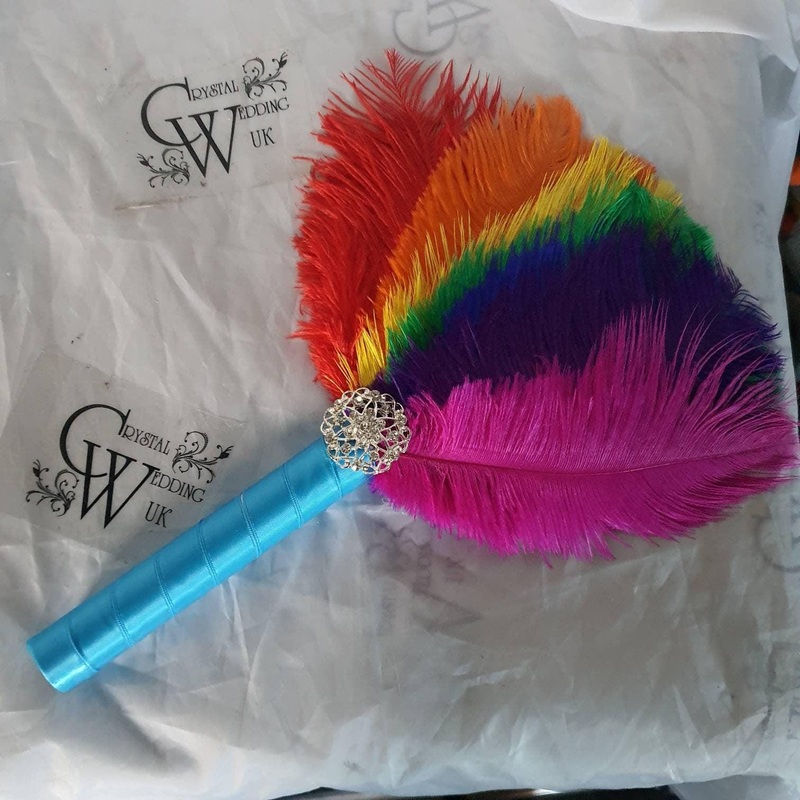 Rainbow Feather hand Fan . mixed colour fan , multi coloured bouquet, ostrich feather Bouquet  by Crystal wedding uk