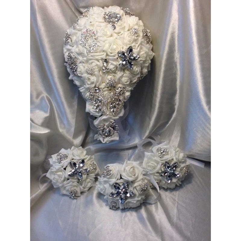 Rose & Brooch bouquet, bridesmaid brooch bouquet, buttonholes, all sold separately, any colour by Crystal wedding uk