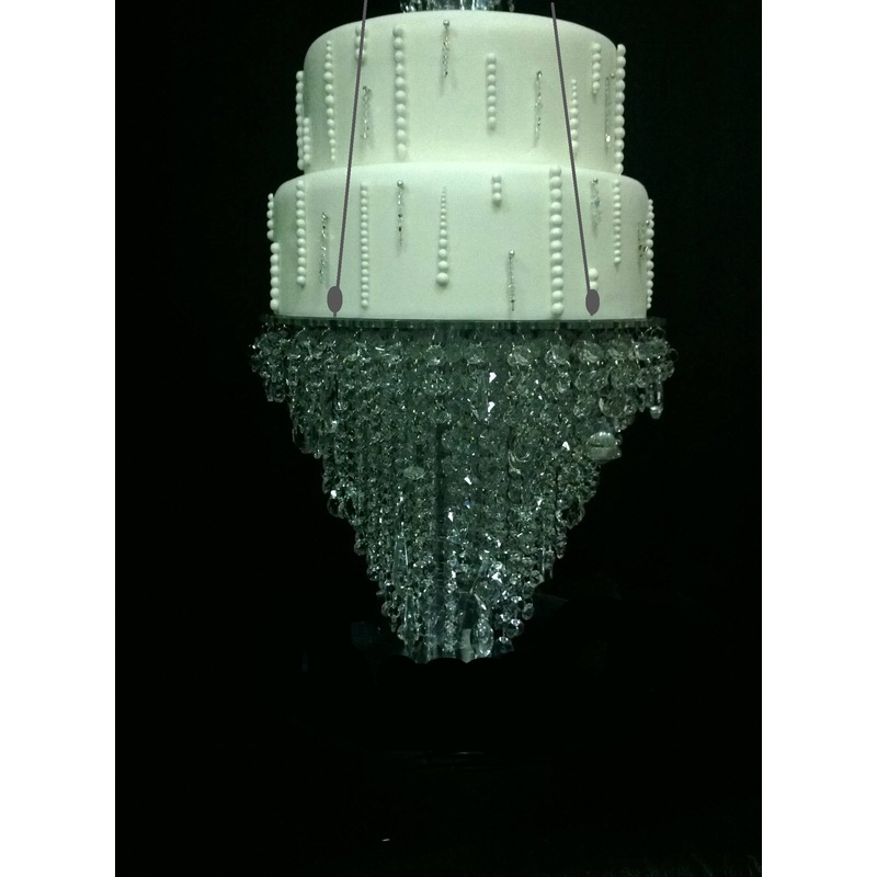 Swing cake Plate, Crystal chandelier,  suspended Swing, wedding cake stand ,mirror top + LED ,faux crystals heavy duty