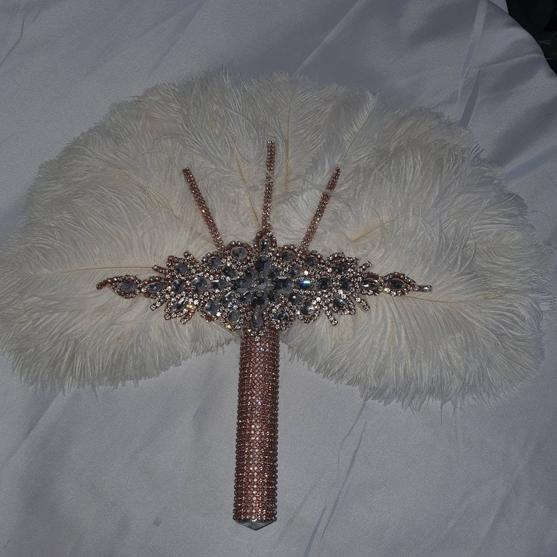 White feather fan , rose gold bouquet, Great Gatsby wedding style 1920’s – any colour as custom made by Crystal wedding uk