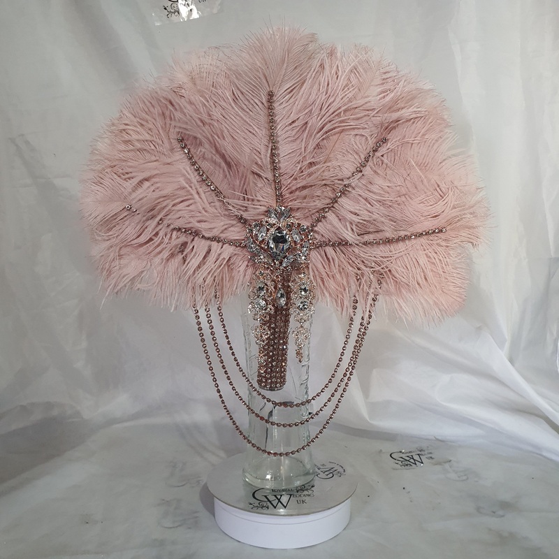 Blush feather fan bouquet cascade, pink Great Gatsby wedding style 1920’s – any colour as custom made by Crystal wedding uk