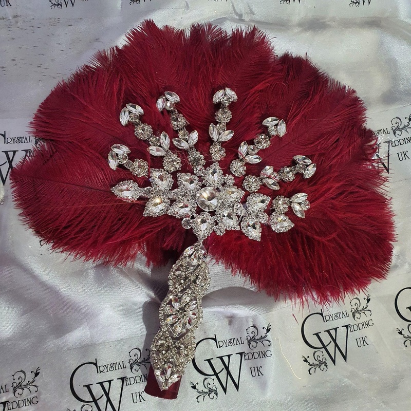 Burgundy wine feather fan bouquet, Great Gatsby wedding style 1920’s – any colour as custom made by Crystal wedding uk