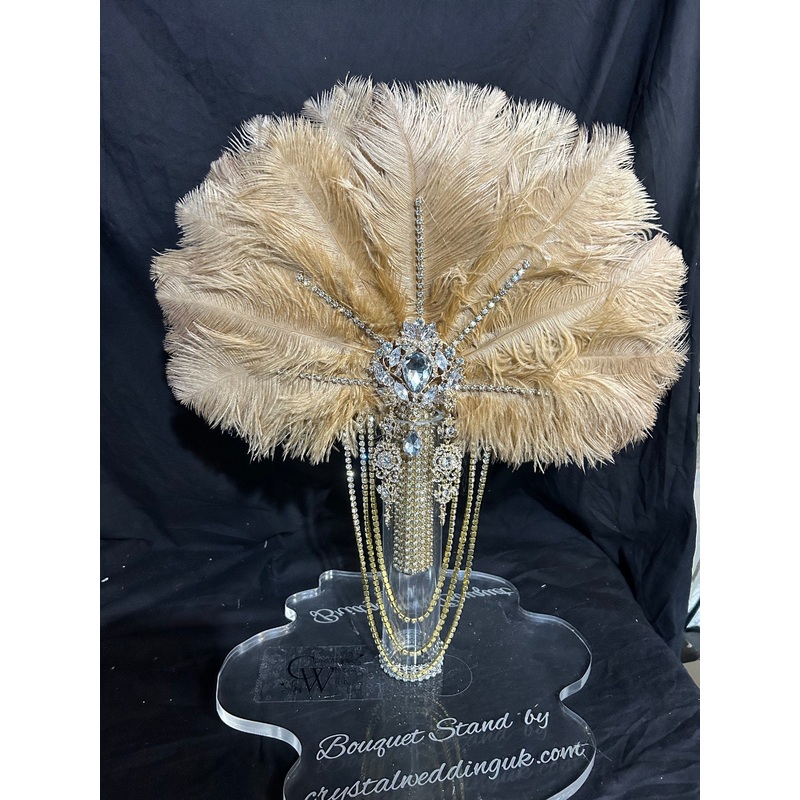 Gold Champagne  feather fan bouquet cascade, pink Great Gatsby wedding style 1920’s – any colour as custom made by Crystal wedding uk