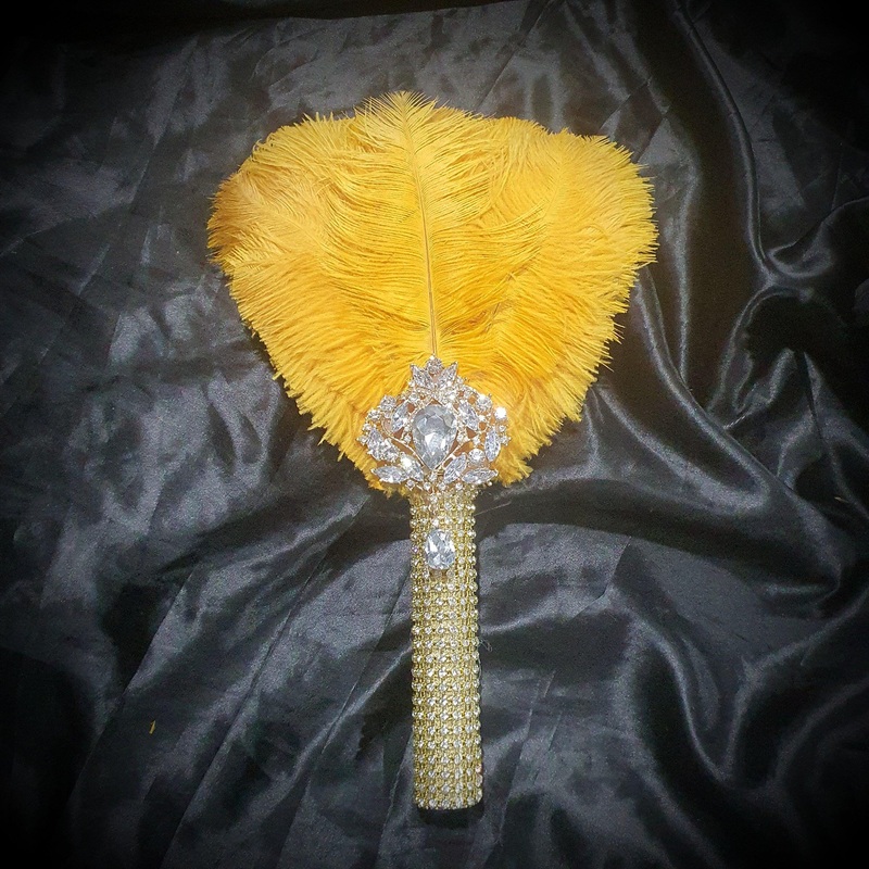 Gold Feather Fan bouquet, bridal fan, flower girl wand, Great Gatsby 1920’s wedding – ANY COLOUR by Crystal wedding uk