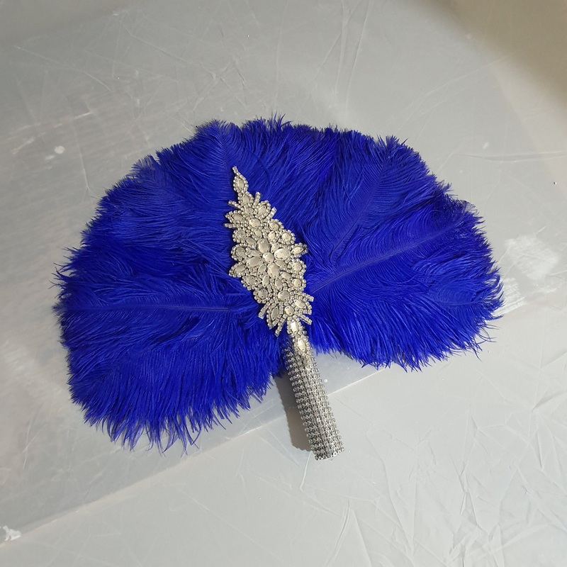 Royal blue feather fan bouquet, Great Gatsby wedding style 1920’s – any colour as custom made by Crystal wedding uk