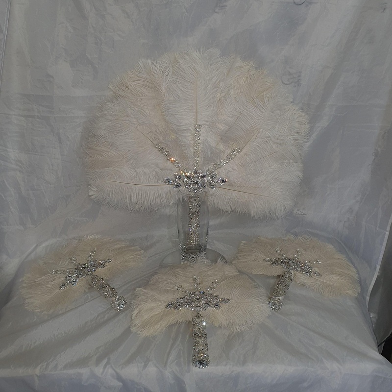 Set of 4 Feather Fan bouquets, Ostrich feathers,Great Gatsby wedding style 1920’s – any colour as custom made