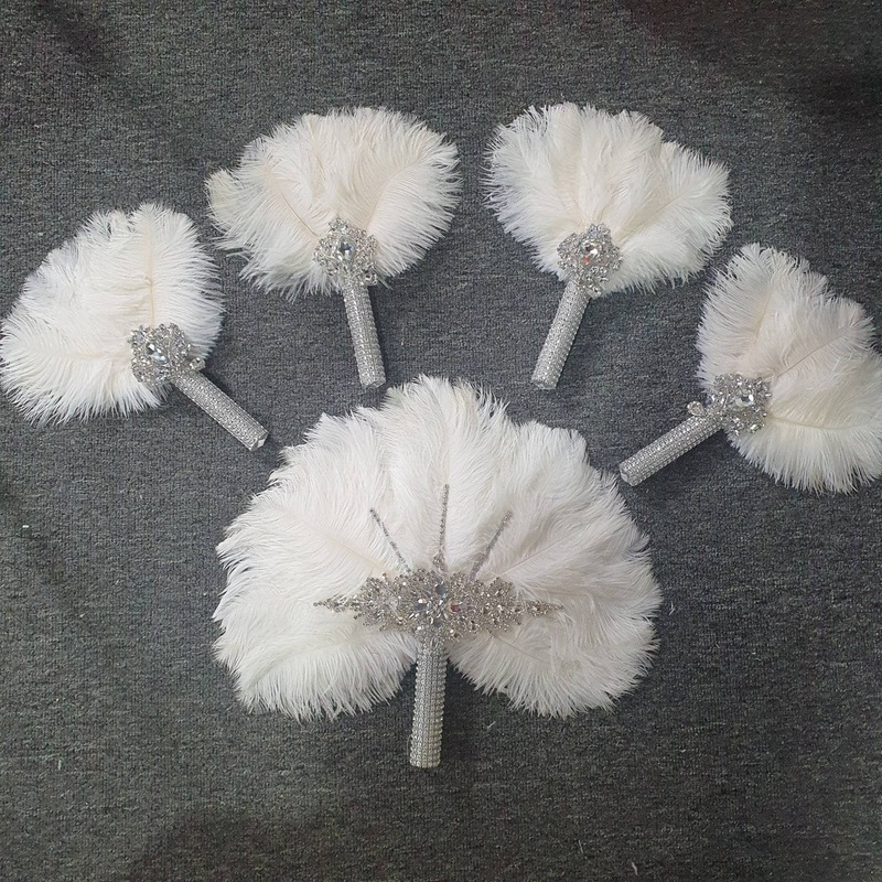 Set of 5 Feather Fan bouquets, Ostrich feathers,Great Gatsby wedding style 1920’s – any colour as custom made by Crystal wedding uk