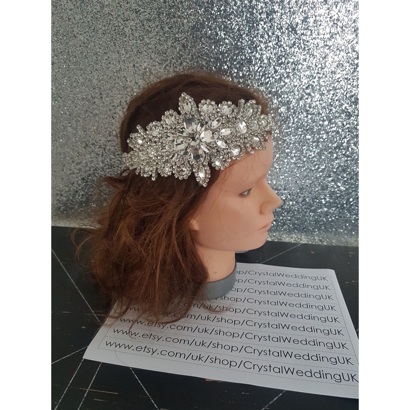 Vintage style Bridal Flapper headpiece fascinator ,1920’s rhinestone Headpiece, The Great Gatsby rhinestone brooch, hair tie