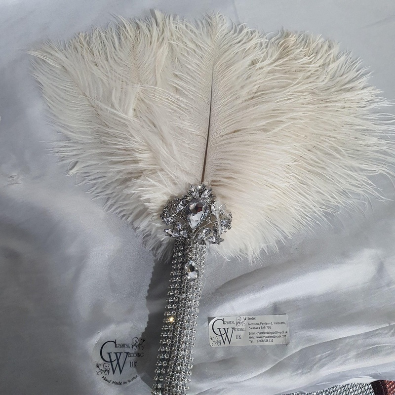 vintage style feather fan, brides wedding hand fan – any colour as custom made by Crystal wedding uk