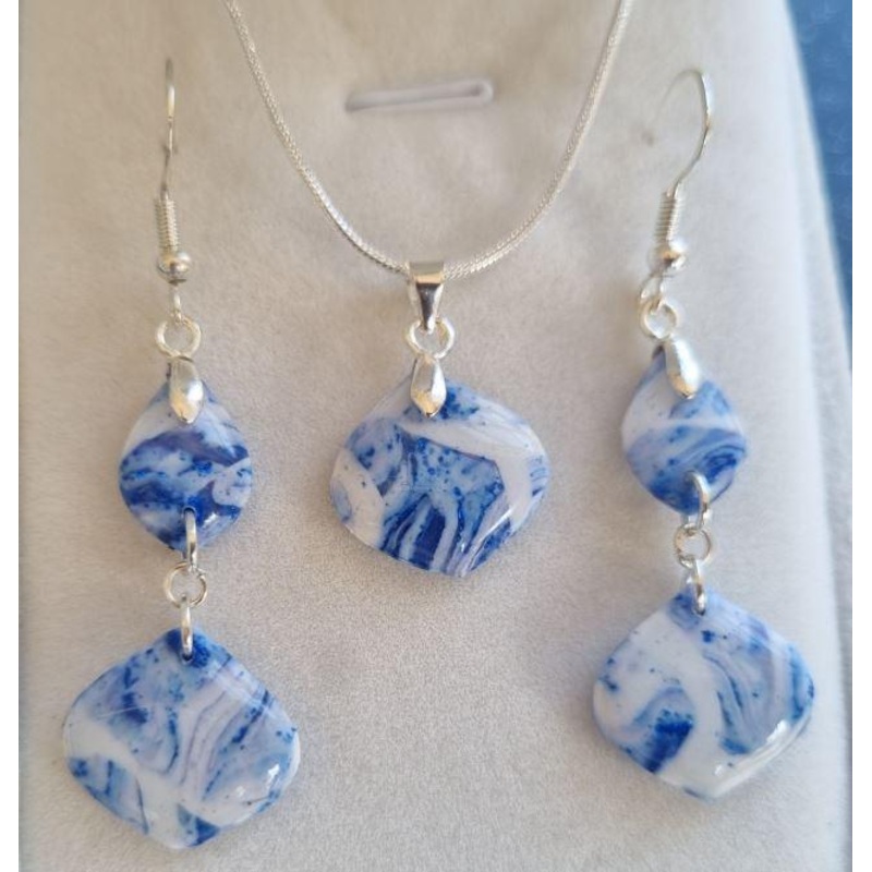 Blue and White Marbled Polymer Clay Earrings and Necklace Set  Handmade Lightweight Jewelry Gift for Her