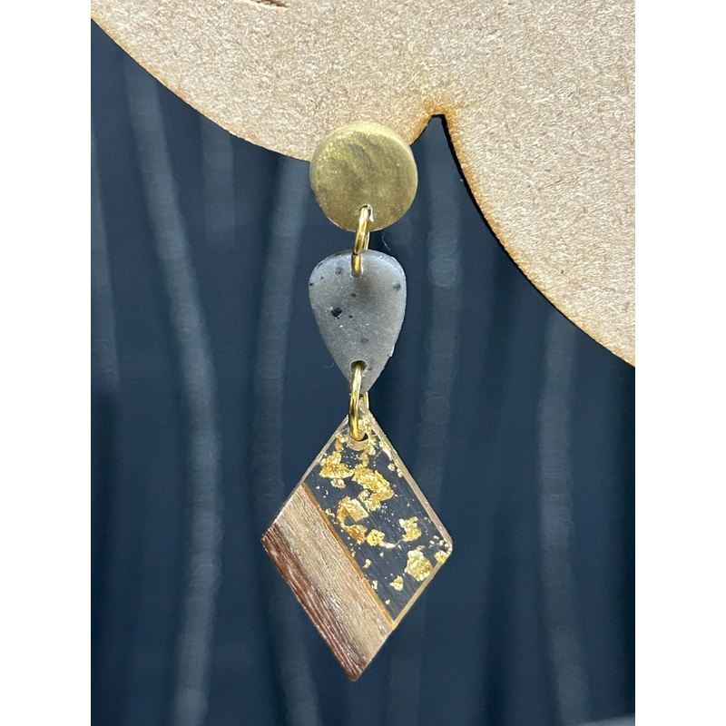 Modern Clay Earrings, Delicate white Resin, Wood, metal and Clay Abstract Earrings Boho Statement Polymer Clay Dangle Earrings