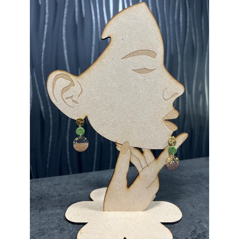 Modern Clay Earrings, gold leaf fleck Resin, Wood, metal and muted sage Clay Abstract Earrings Boho Statement Polymer Clay Dangle Earrings