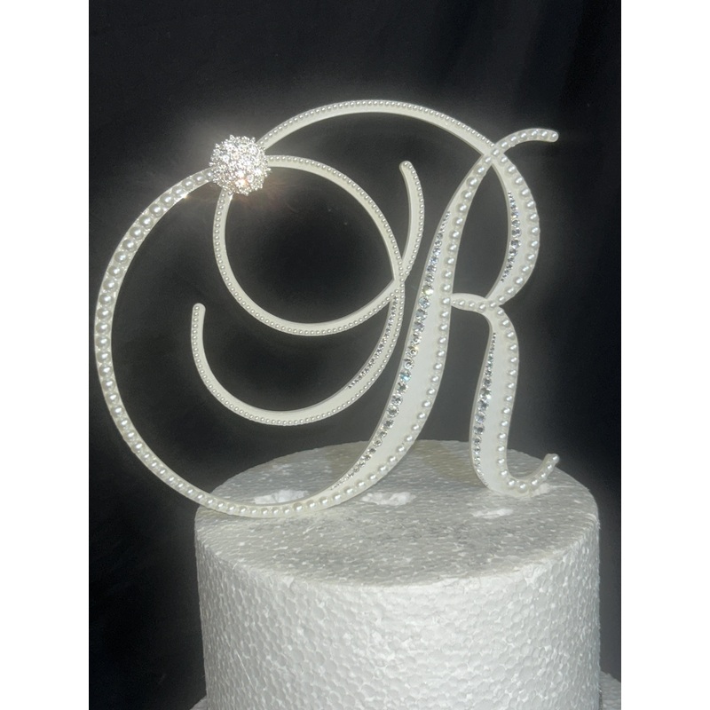 Monogram Wedding Cake Topper: Pearl & Crystal Initial, Handmade 6
