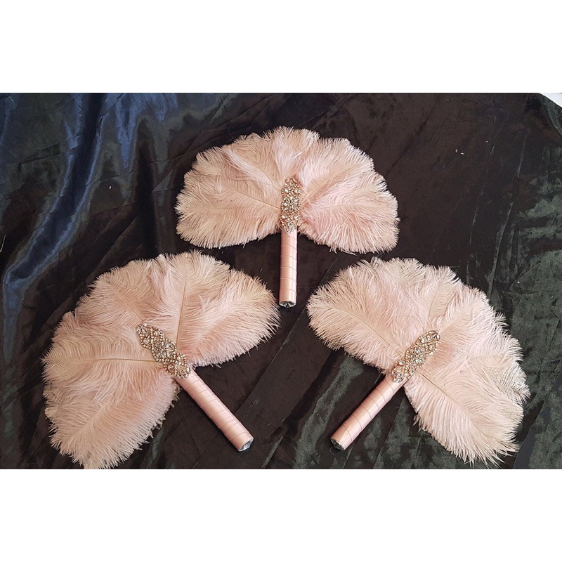 Ostrich Feather Fan. BLUSH FEATHERS- size 12 Bridesmaids fan bouquets for wedding by Crystal wedding uk