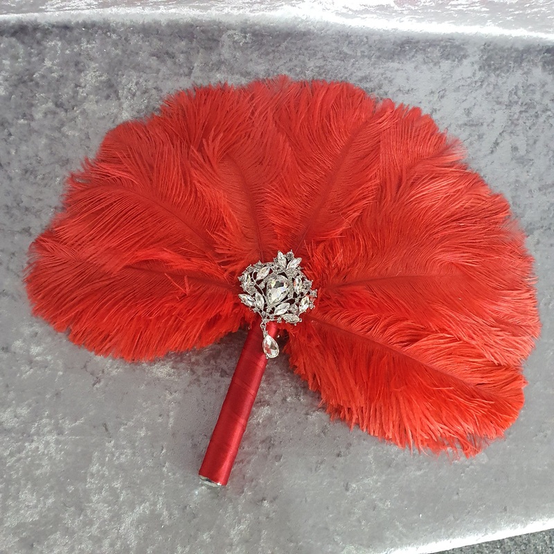 Red feather fan – Great Gatsby  ostrich feather wedding style 1920’s – any colour as custom made by Crystal wedding uk