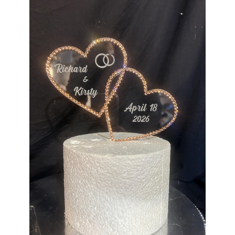 Rose gold Crystal heart Cake topper, perdonalised 6” [ Entwined hearts -personalised cake topper bling cake topper [ rhinestone cake topper