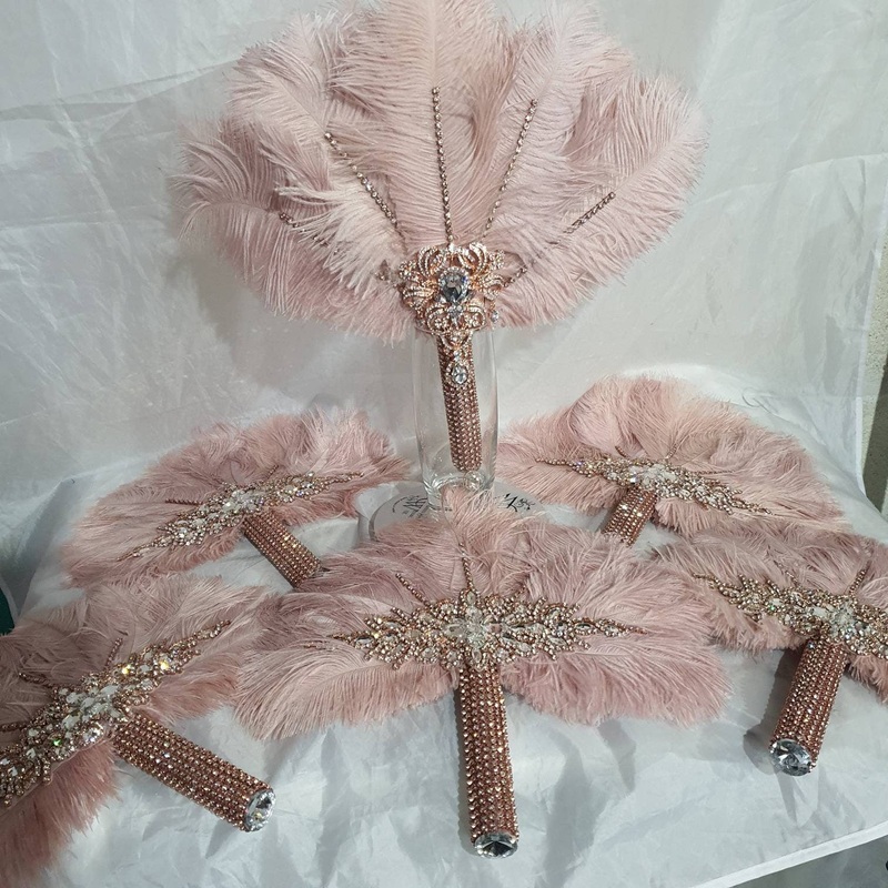 Set of  blush pink 6 Feather Fan bouquets, Ostrich feathers, wedding style 1920’s – any colour as custom made by Crystal wedding uk