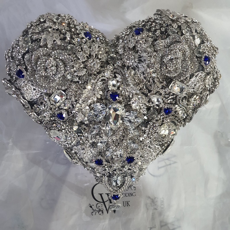 Something blue Brooch bouquet Heart shaped, jewel heart wedding bouquet. by Crystal wedding uk
