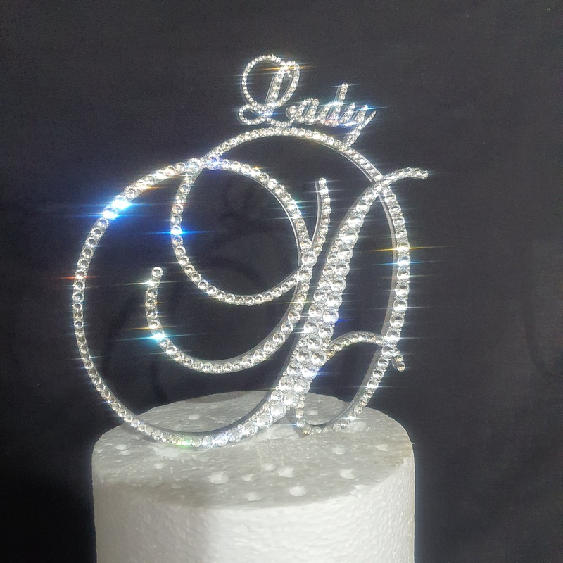 Swarovski Crystal Letter 6monogram initial, with smaller name/word, rhinestone Cake Topper, birthday Quincinera topper,jewel letter,
