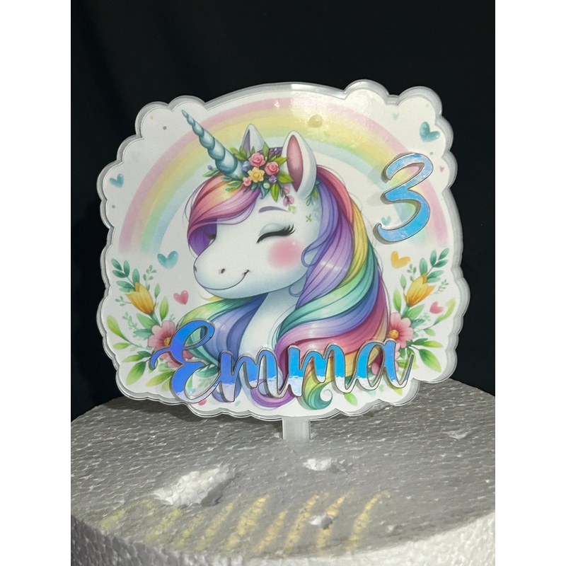 Unicorn Cake topper – Personalised –  Unicorn rainbow design,3D acrylic Cake decoration by Crystal Wedding UK