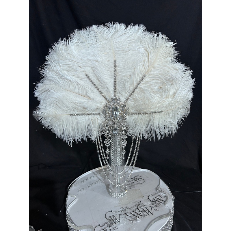 White  feather fan bouquet, Great Gatsby wedding style 1920’s – any colour as custom made by Crystal wedding uk