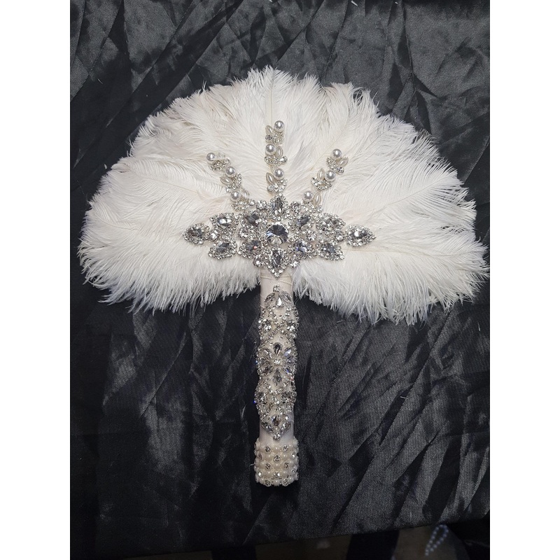 White Feather Fan ,wedding hand fan bouquet bridal Ostrich feather bouquet, Gatsby by Crystal wedding uk