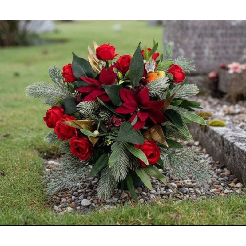 Artificial Grave Pot  Red Roses And Ponisettia Memorial Flowers