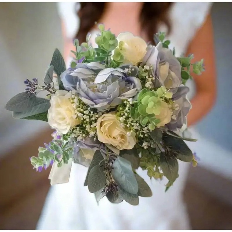 Blue and Ivory Artificial Bridal Bouquet Package