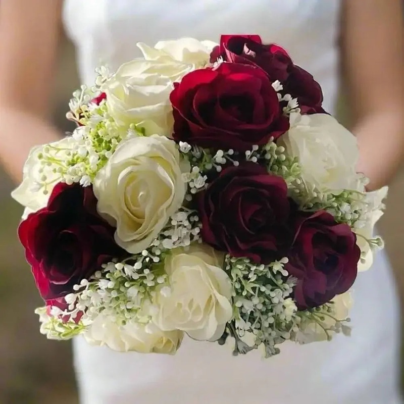 Burgundy Red And Ivory Artificial Wedding Bouquet Hire