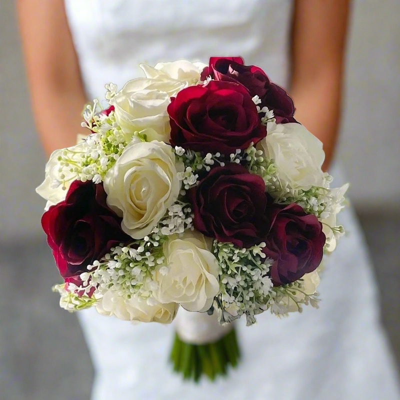 Burgundy Red And Ivory Cream Rose Artificial Wedding  Bouquet Bridal Package