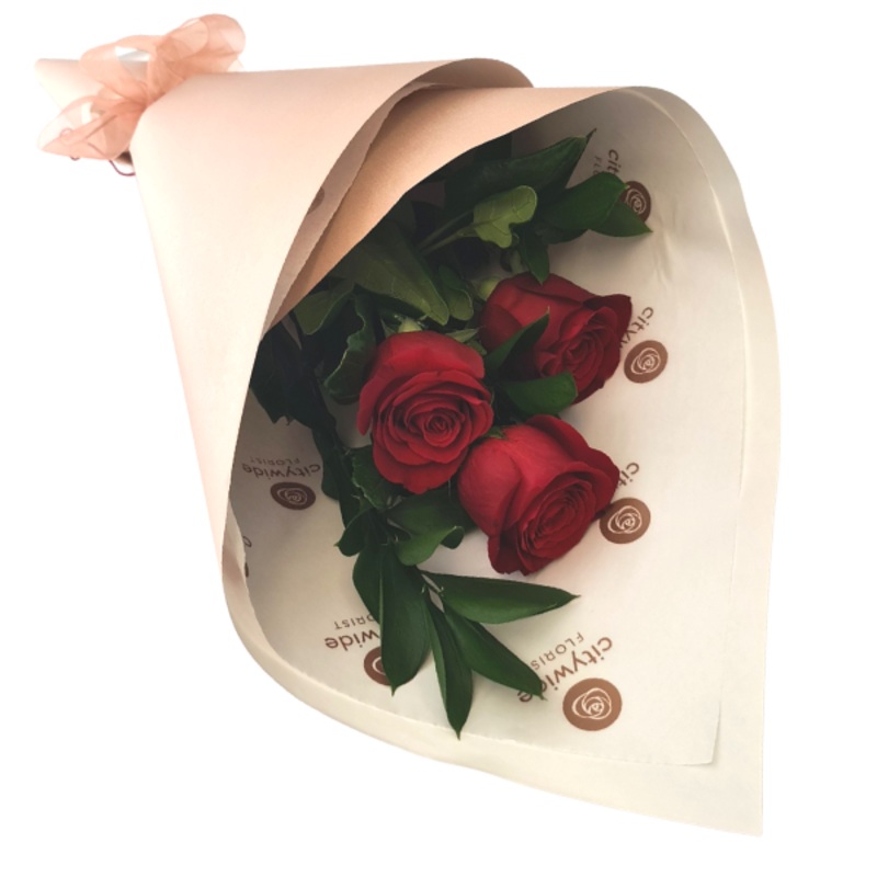 Three Roses Gift Wrapped-Three-Red & Pink & White & Orange & Yellow