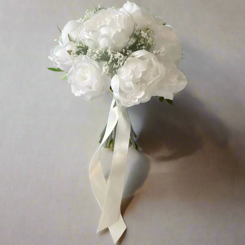 White Peony Bridal Bouquet-12 inch & 10 inch & 8 inch & Buttonhole & Dress corsage & cake flowers set